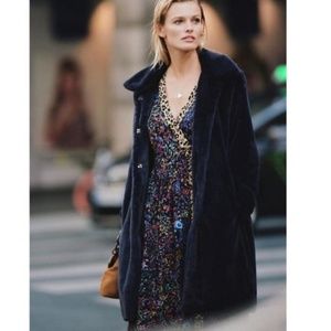 Anthropologie Navy Faux-Fur Coat over Multicolor Floral Dress